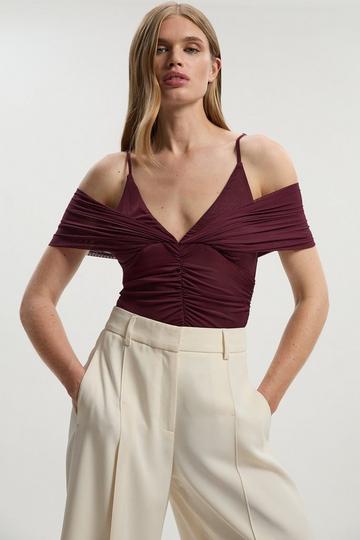 Mesh Plunge Strappy Detail Bodysuit burgundy