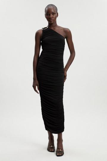 Black One Shoulder Drapey Crepe Trim Detail Ruched Maxi Dress