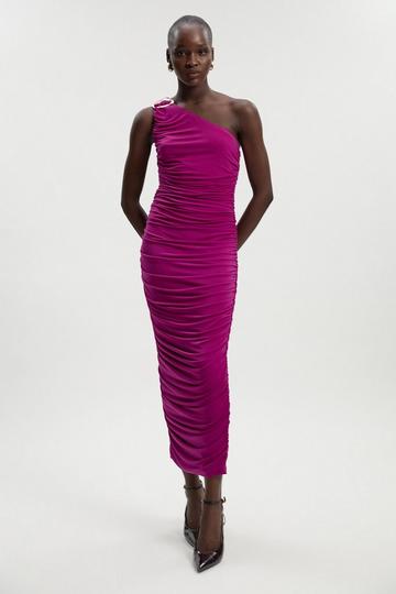 One Shoulder Drapey Crepe Trim Detail Ruched Maxi Dress purple