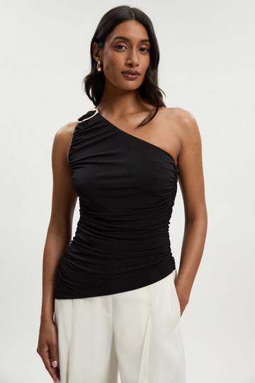 One Shoulder Drapey Crepe Trim Detail Ruched Top black