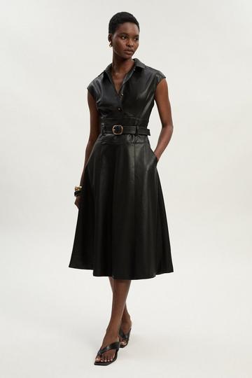 Black Faux Leather Belted Midi Dress
