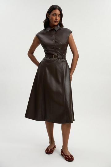 Faux Leather Belted Midi Dress chocolate