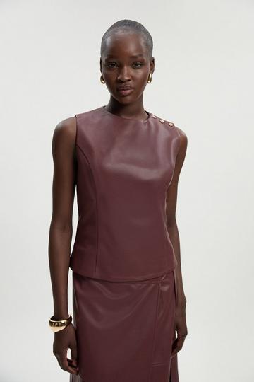 Faux Leather Button Tailored Top oxblood