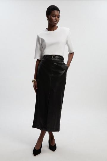 Black Faux Leather Tailored Midi Pencil Skirt