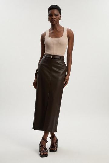 Faux Leather Tailored Midi Pencil Skirt chocolate