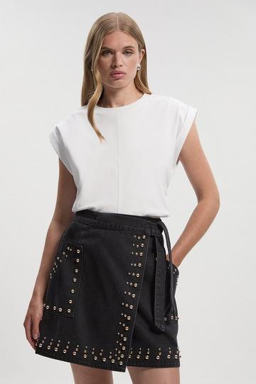 Black Denim Studded Wrap Mini Skirt