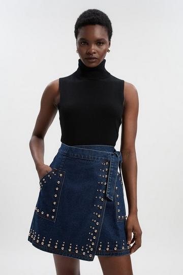 Blue Denim Studded Wrap Mini Skirt