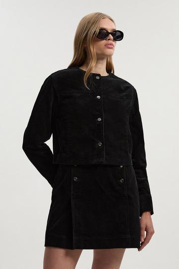 Black Cord Collarless Tailored Jacket