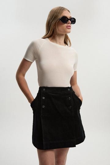 Cord Button Pleat Detail Mini Skirt black