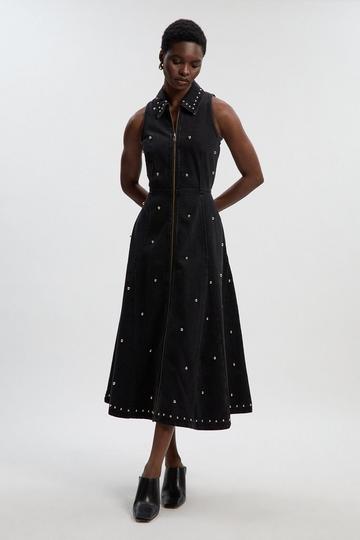 Denim Studded Sleeveless Midi Dress black