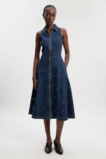 Denim Studded Sleeveless Midi Dress mid blue