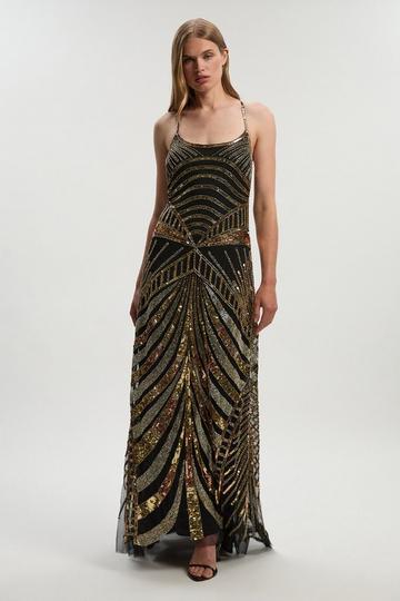 Petite Premium Mirrored Crystal Embellished Woven Prom Dress black