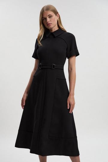 Black Compact Stretch Tab Detail Full Skirted Midi Dress
