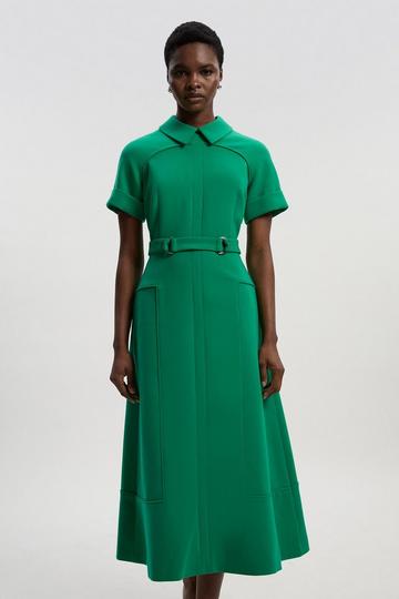 Compact Stretch Tab Detail Full Skirted Midi Dress green