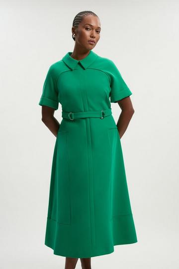 Plus Size Compact Stretch Tab Detail Full Skirted Midi Dress green