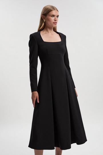Black Petite Compact Stretch Sweetheart Neckline Midi Dress