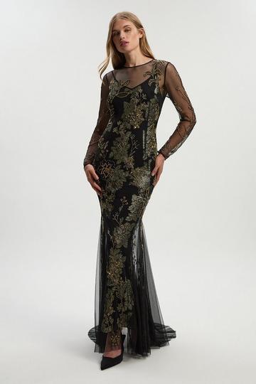 Floral Applique Embellished Metallic Georgette Woven Maxi Dress black