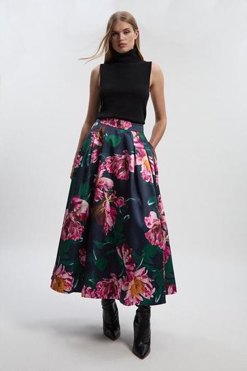 Romantic Floral Print Prom Woven Maxi Skirt navy