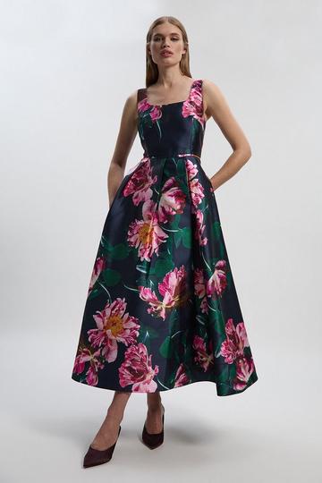 Romantic Floral Print Prom Woven Maxi Dress navy