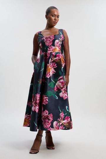 Plus Size Romantic Floral Print Prom Woven Maxi Dress navy
