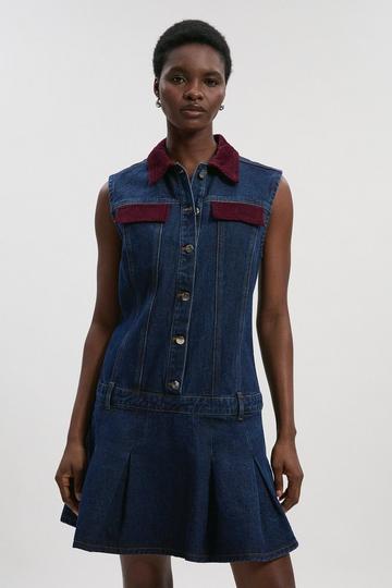 Denim and Cord Mix Mini Dress dark blue