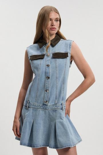 Denim and Cord Mix Mini Dress light blue