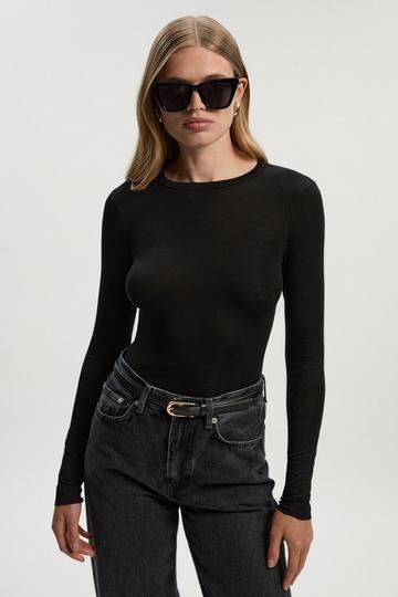 Black Wool Blend Crew Neck Long Sleeve Top
