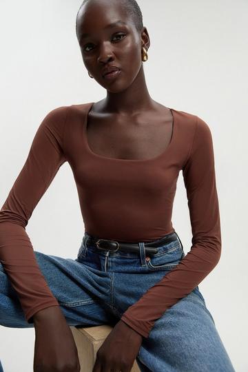 Scoop Neck Long Sleeve Contour Jersey Bodysuit chocolate