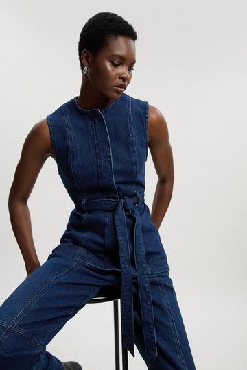 Blue Denim Sleeveless Belted Jacket