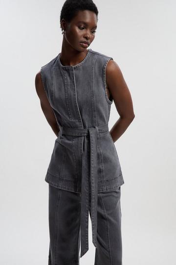 Grey Denim Sleeveless Belted Jacket