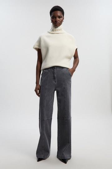 Denim Button Front Straight Leg Trousers mid grey