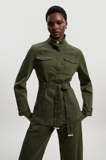 Denim Utility Belted Jacket khaki