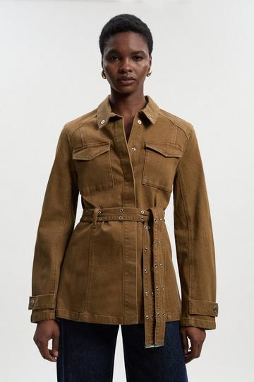 Denim Utility Belted Jacket tan