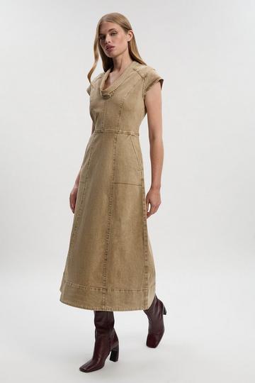Denim Cowl Neck Midi Dress stone