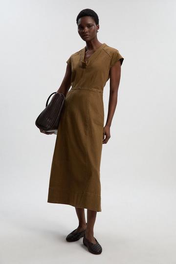 Denim Cowl Neck Midi Dress tan
