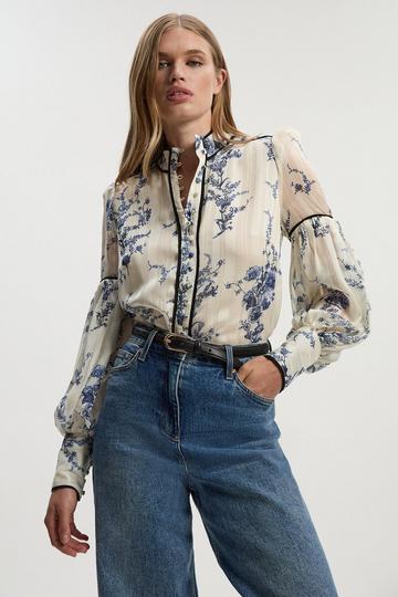 Blue Floral Print Tie Neck Woven Balloon Sleeve Blouse