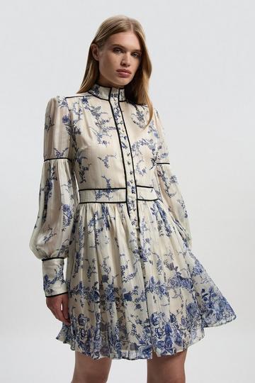 Floral Print Tie Neck Woven Balloon Sleeve Mini Dress blue