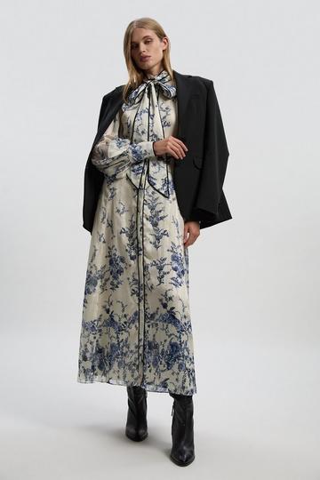 Floral Print Tie Neck Woven Balloon Sleeve Midaxi Dress blue
