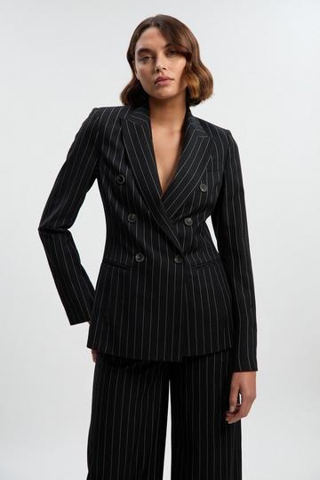 Petite Pinstripe Double Breasted Tailored Blazer black