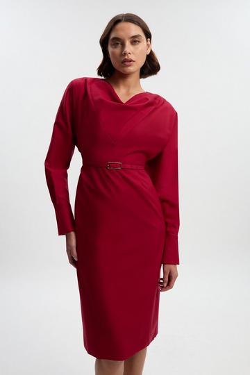 Red Polished Cowl Neck Tailored Pencil Midi Dress