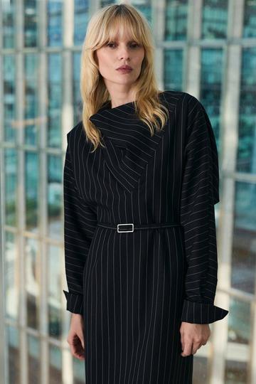Pinstripe Cowl Neck Tailored Pencil Midi Dress black