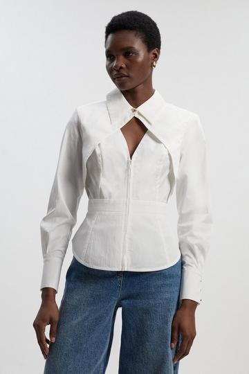 White Stretch Cotton Cut Out Detail Woven Shirt