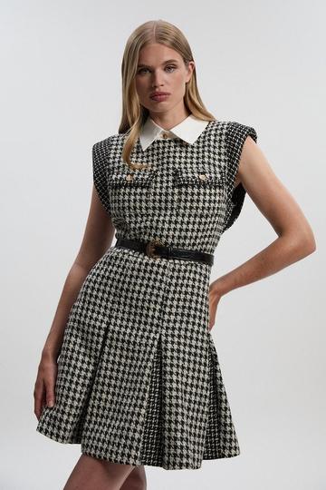 Tall Textured Tweed Contrast Collar Pleated Tailored Mini Dress multi