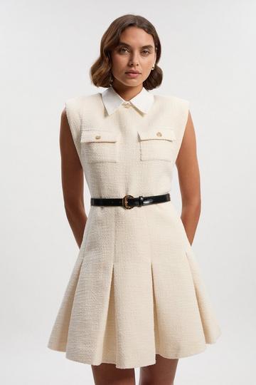 Textured Tweed Contrast Collar Pleated Tailored Mini Dress cream