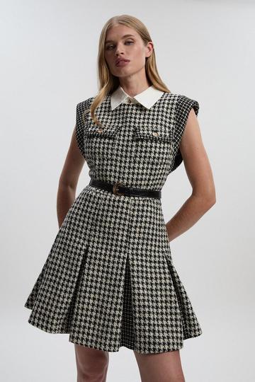 Textured Tweed Contrast Collar Pleated Tailored Mini Dress multi