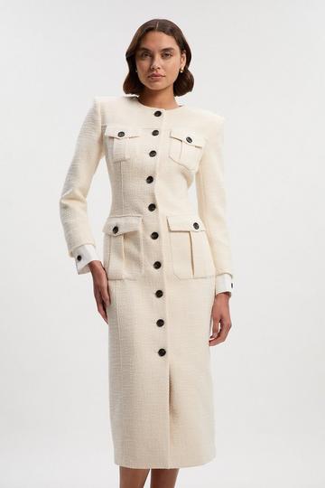 Tailored Check Contrast Sleeve Pocket Front Midi Dress cream