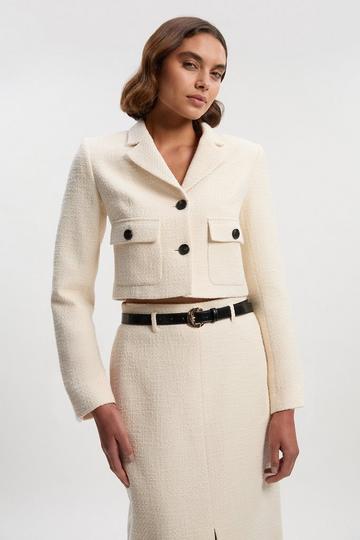 Textured Tweed Pocket Front Tailored Cropped Jacket cream