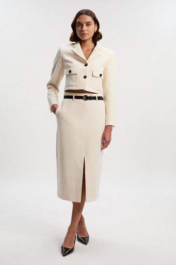 Textured Tweed Belted Tailored Pencil Skirt cream
