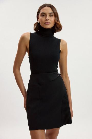 Black Tailored Buckle Detail Pleated Mini Skirt