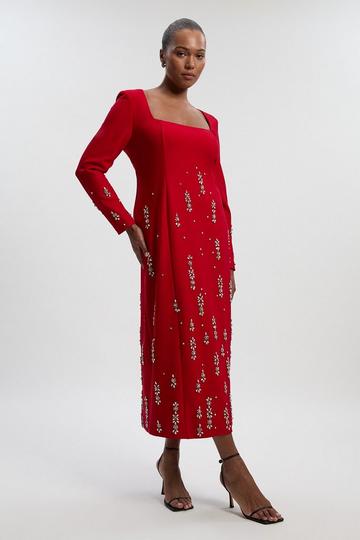 Plus Size Crystal Embellished Scuba Crepe Bandeau Midi Dress dark red